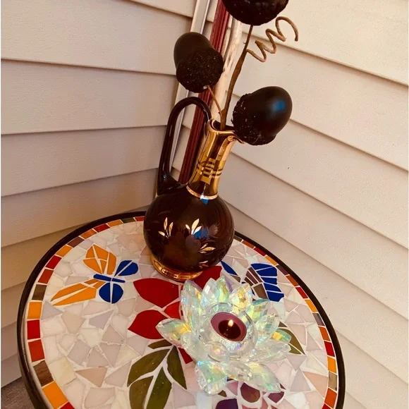 Old Etched & Gilded Mini Red Amber Glass Decanter/ Handle Beautiful Starburst🪻&✨ - Picture 13 of 16